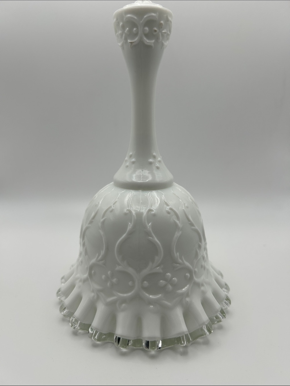 Vintage Fenton Milk Glass Bell, missing the inside clapper is missing.6.25”H 4”W